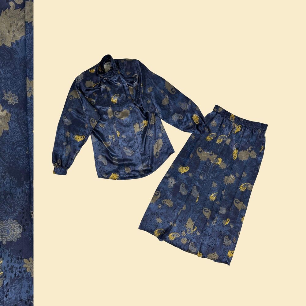 70s/80s blue skirt & blouse set by Sir James, vintage size 4/6 womens 2 piece